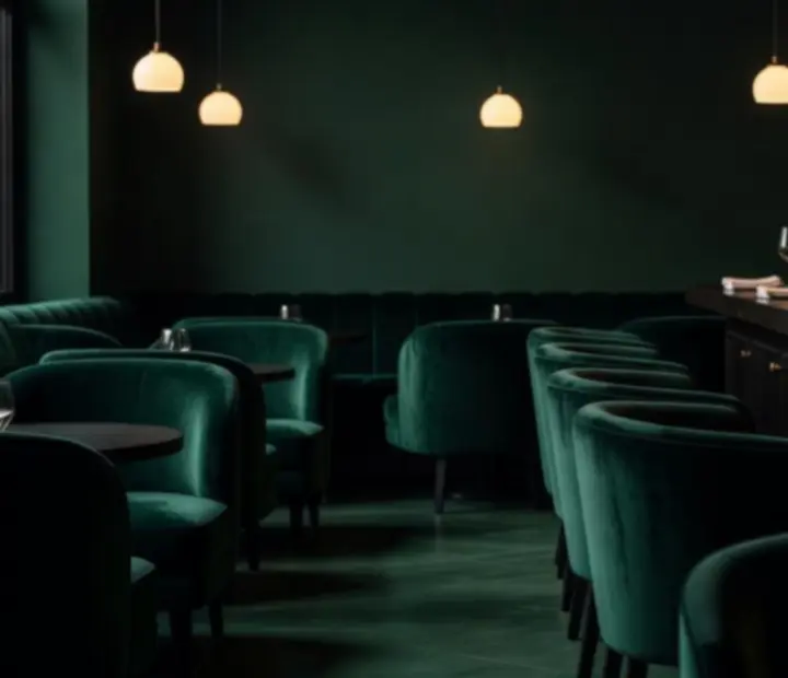 Bárpult melletti kis tányérok és hangulatos emerald-zöld bistro enteriőr
