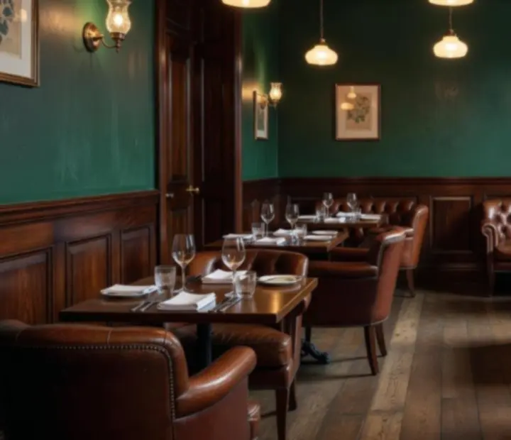 Emerald tónusú, fa burkolatú bistro belső tér meleg fényekkel